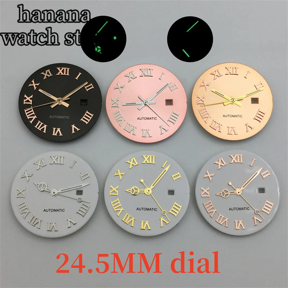 قرص NH05 للسيدات مقاس 24.5 ملم باللون الأسود والذهبي والوردي ومينا للتعرض اليومي باللون الأبيض اللامع مع مؤشر روماني يدوي مناسب لحركة NH05