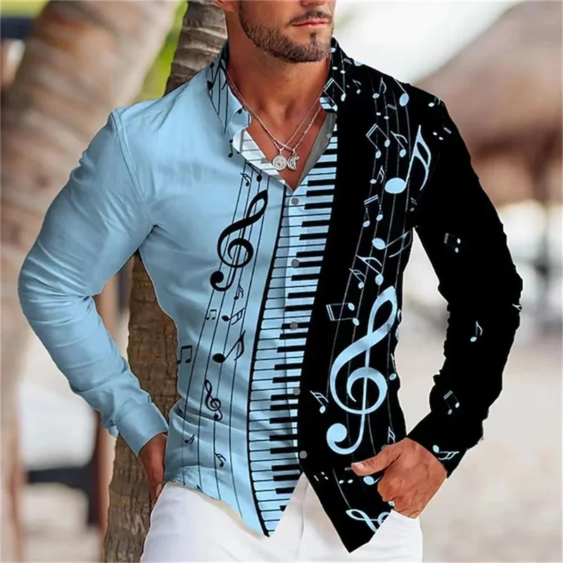 

Men's shirt summer Hawaiian shirt pattern print music notes outdoor street long sleeved printed clothing fashion designer casual