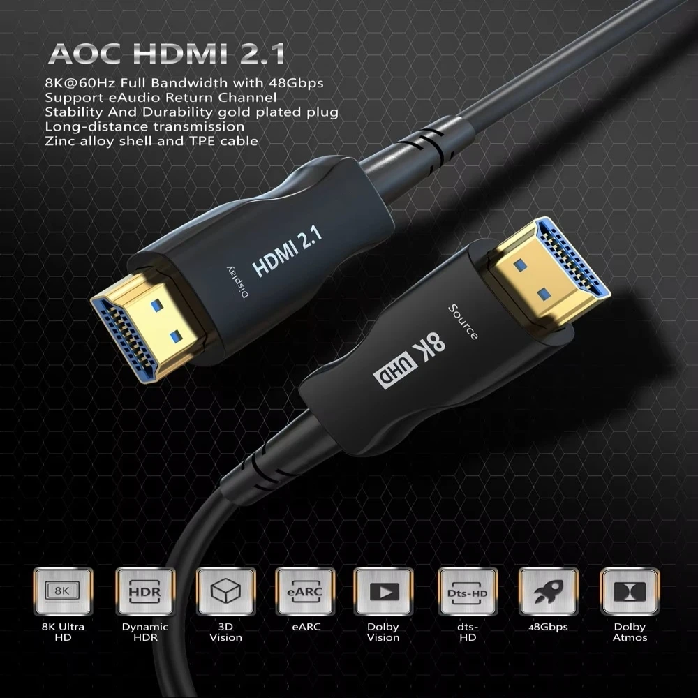 

10M/15M Optical Fiber 8K Cable HDMI 2.1 Cable 48Gbps 8K 60Hz 4K 120Hz 144Hz eARC HDR HDCP 2.2 2.3 for HD TV PS5 Xbox PC Blu-ray