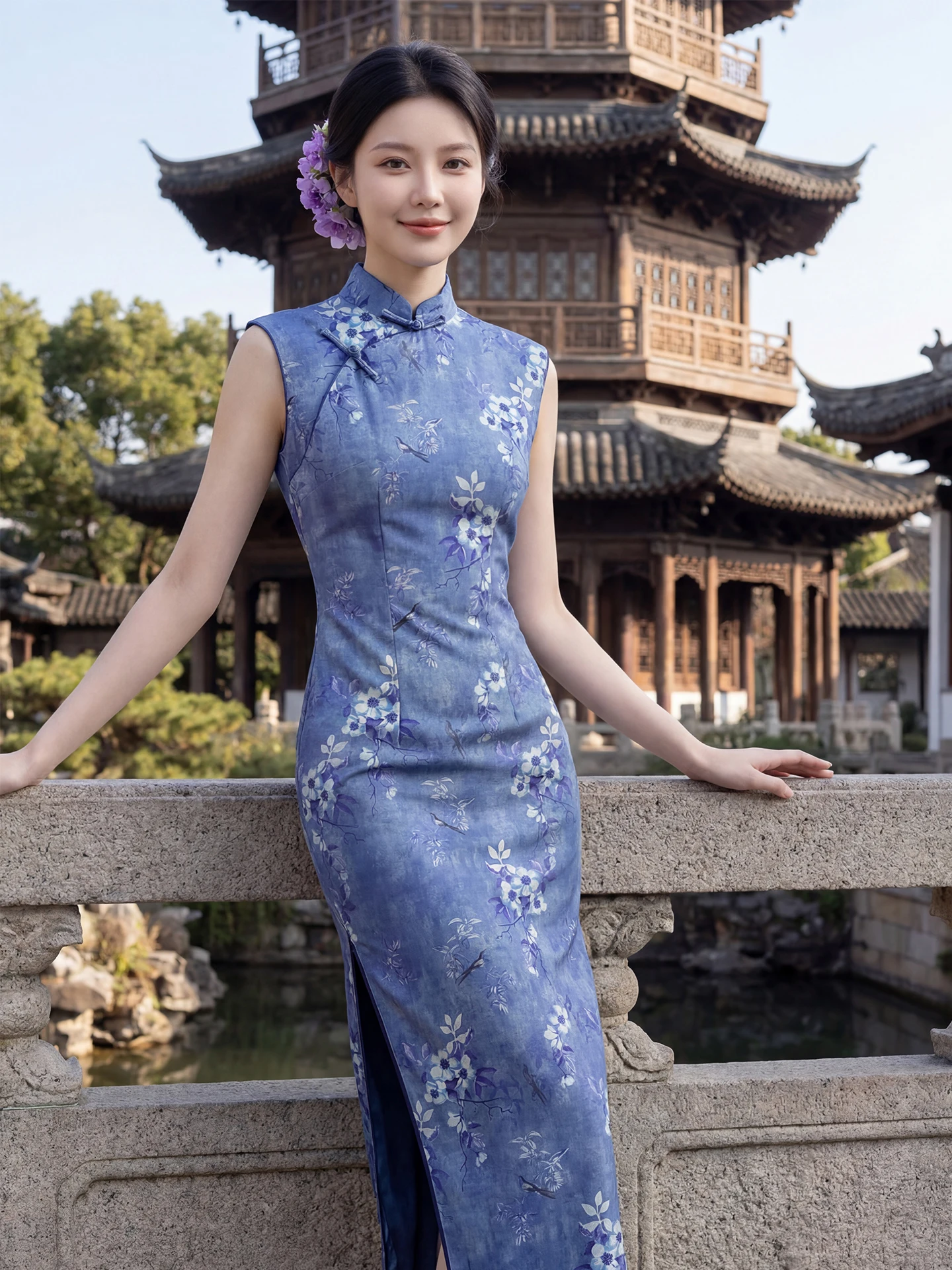 

Blue Traditional Chinese Sle Qipao New 2026 Ele Waist-Cinching Young Women's Front Button Side Zipper Mid-Length