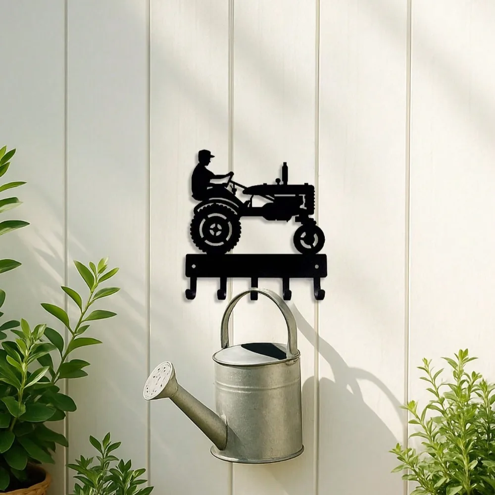 1 szt. Wieszak na klucze w kształcie ciągnika rolniczego i rolnika - 15 cm szeroki, czarny metalowy organizer do montażu na ścianie, dekoracja domu w stylu wiejskim