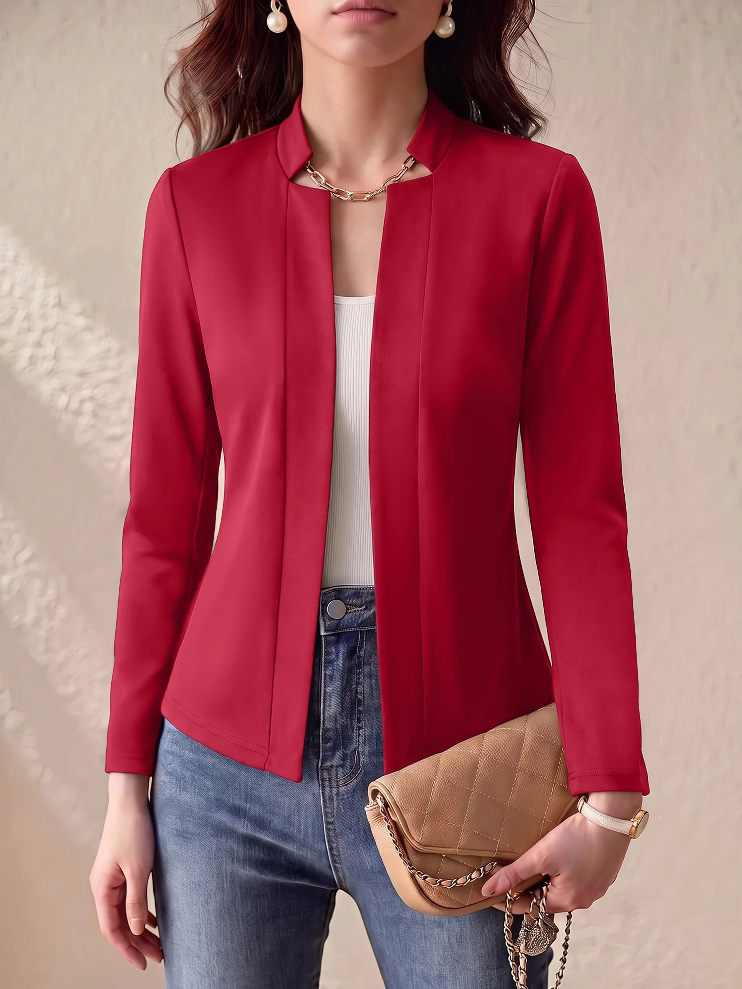 Womens Business Casual Slim Suit Coat Mandarin Collar Open Front Long Sleeve Blazer Solid Black Jacket For Multiple Occasions