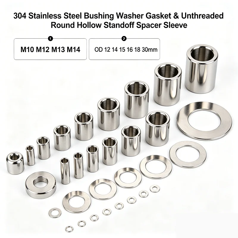 M10 M12 M13 M14 Bushing Washer Gasket 304 Stainless Steel OD 12 14 15 16 18 30mm Unthreaded Round Hollow Standoff Spacer Sleeve