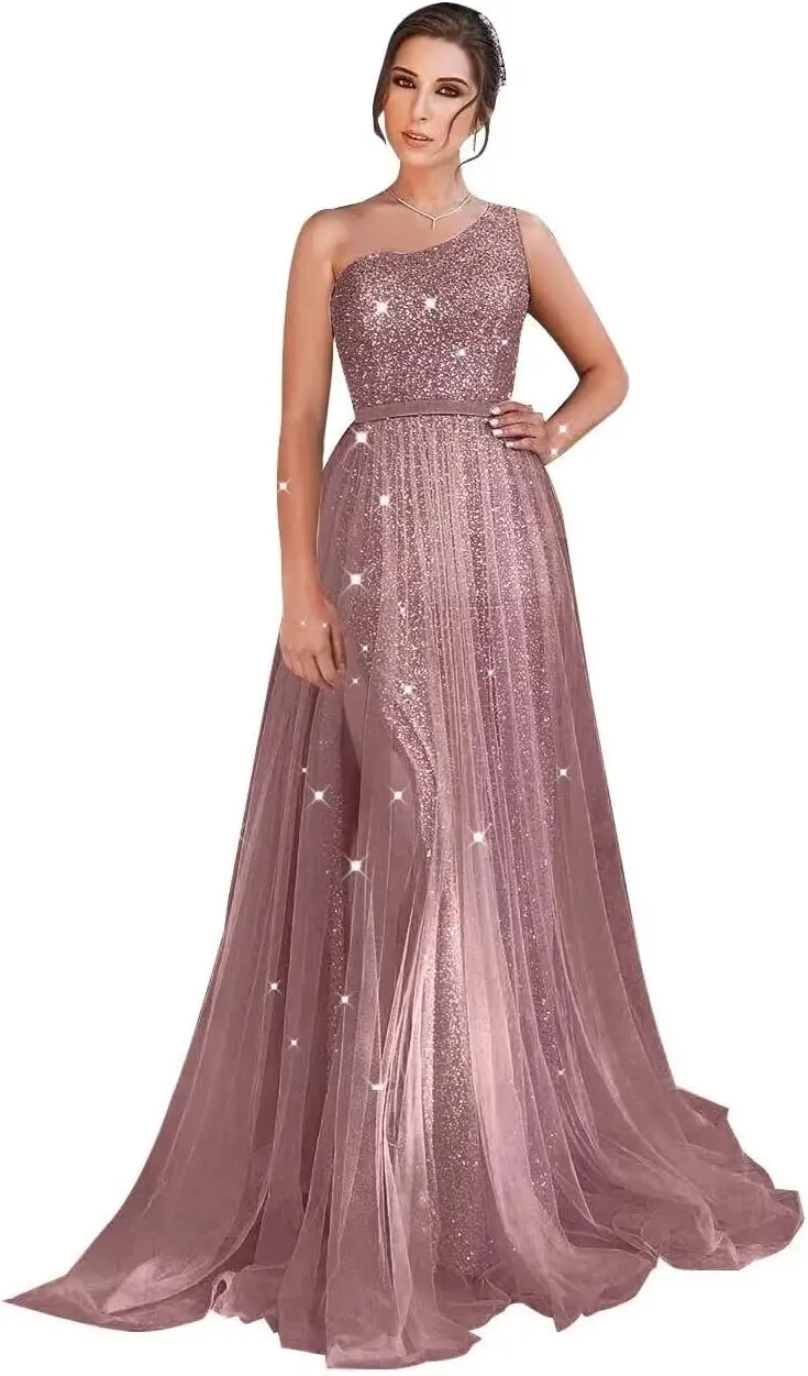 

Women's One Shoulder Backless Sparkling Sequin Dance Dress2025,Long Sheer A-line Formal Party Dress Sequin Elegant Evening Dress