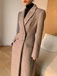 Manteau long en laine pour femmes, blazer en laine élégant, vestes vintage, pardessus mince imbibé coréen, vêtements d'extérieur décontractés pour dames de bureau, hiver, 2024