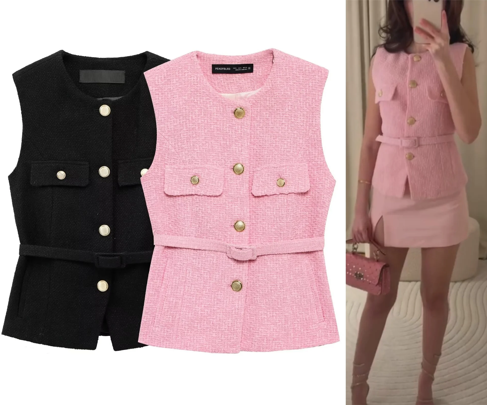 

Весенний жилет в стиле панк с поясом, твидовый жилет без рукавов, шикарный однобортный топ, верхняя одежда, куртка для женщин