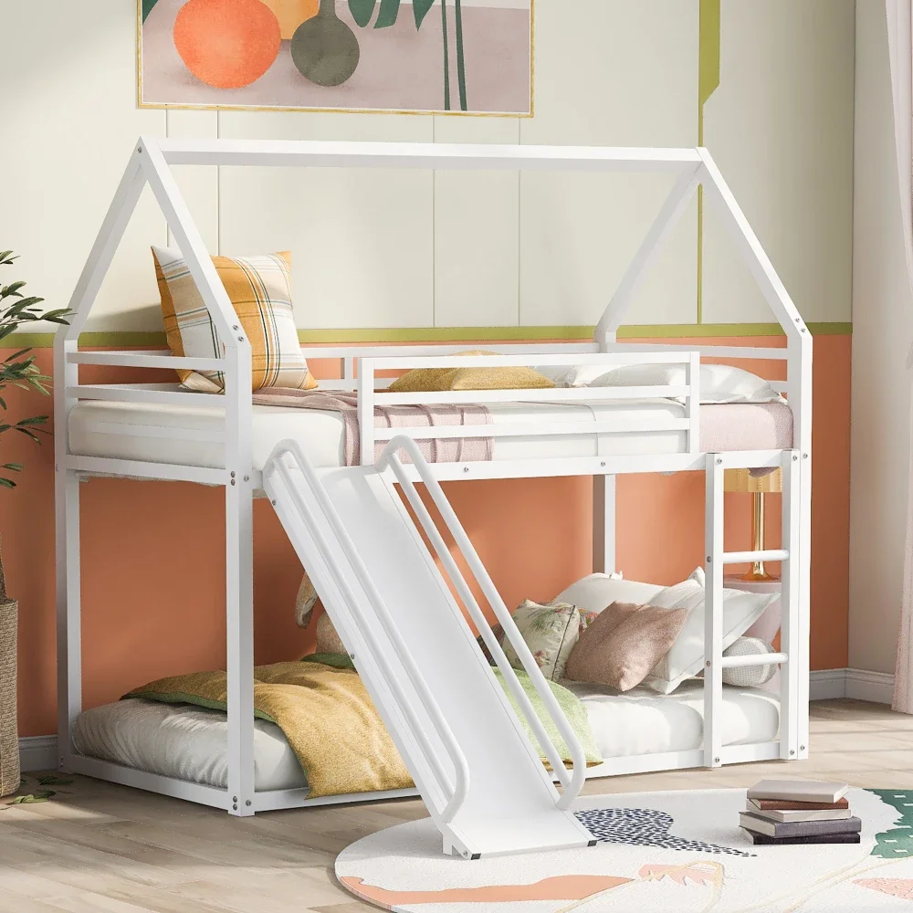 Children Beds Twin Over Twin House Bunk Beds Ladder and Slide,Children Furniture White Toddler Bed Kids Furniture Children's Bed