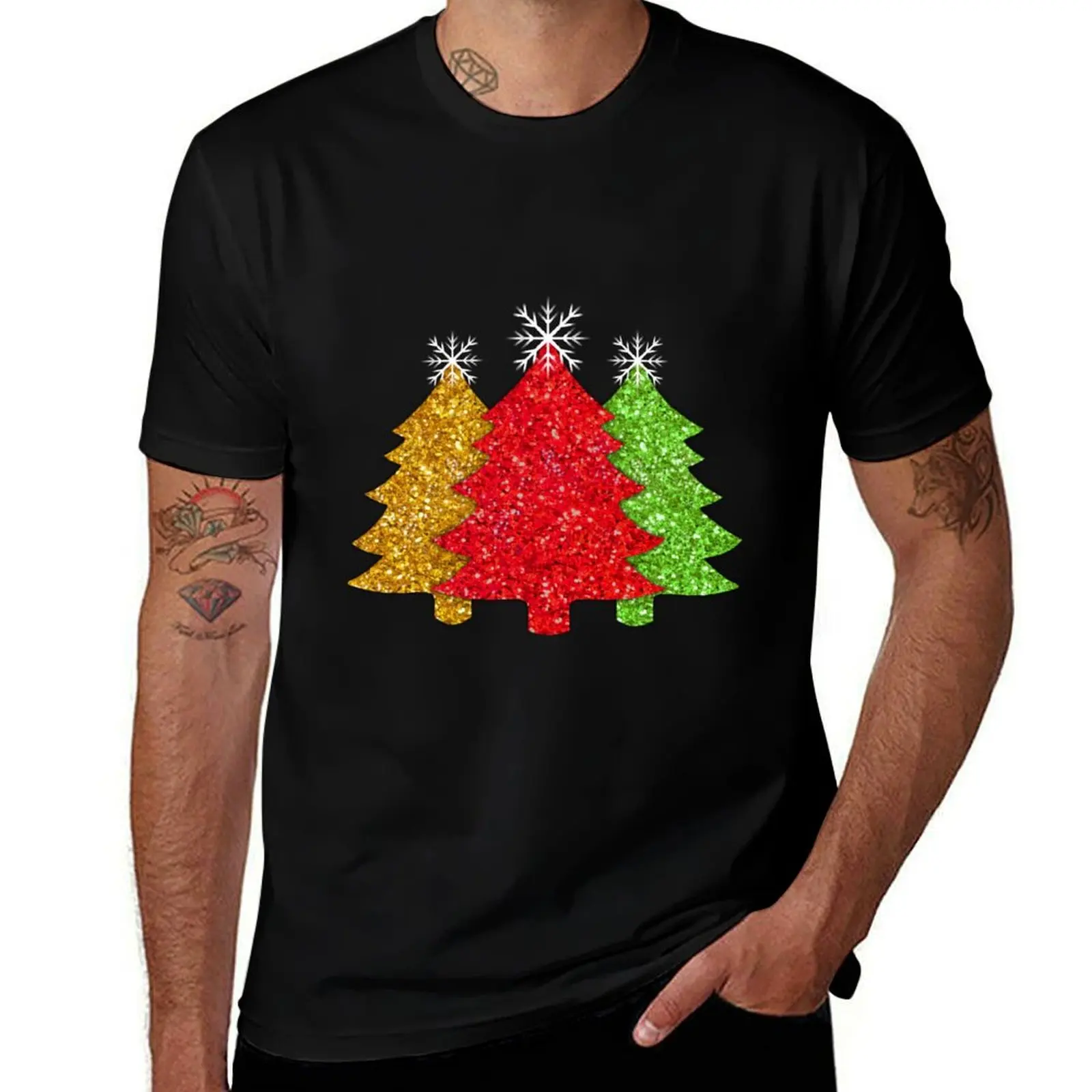 Sparkling glitter red gold green Christmas tree pattern frosty snowflakes T-Shirt Basic Lightweight Short Sleeve Tee T-Shirt