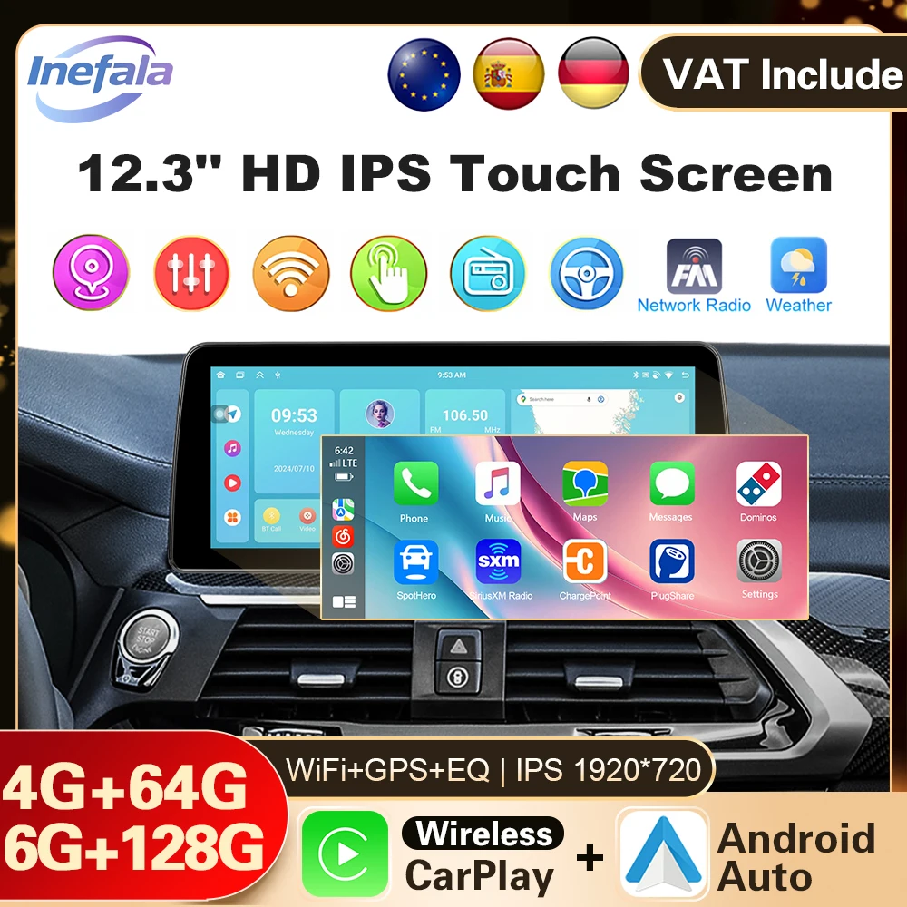 Podofo Android Autoradio Android 13 12,3 Zoll 8+128G Kabelloses Carplay Android Auto Player BT WIFI GPS Navigation Autoradio FM RDS USB Auto Video Multimedia Player mit 9/10 Zoll Rahmen