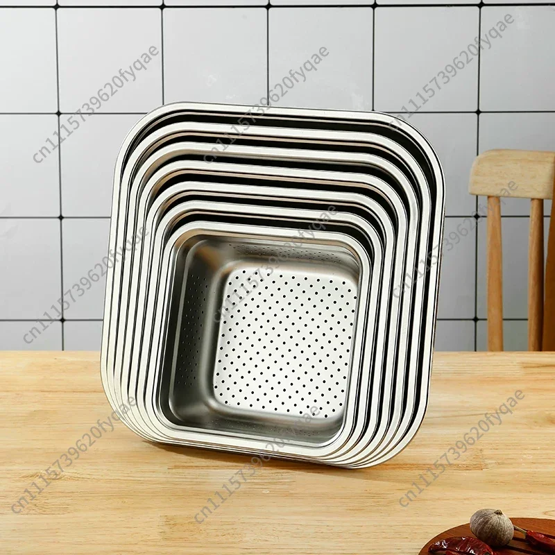 304 Stainless Steel Thickened Deepened Square Drain Basket Punching Filter Basin for Vegetable Washing Oil
