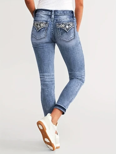 Damen-Jeans, schmale Passform, dehnbar, schlankmachend, vielseitig, bestickte Jeans, Hose mit kleinen Beinen, lässige, minimalistische und personalisierte Jeans