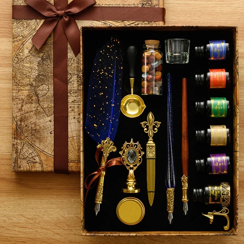 Antique Feather Dip Pen Kit, retro madeira Dip Pen Set, clássico selo de cera, caligrafia Arte Palavras Presentes, 16pcs