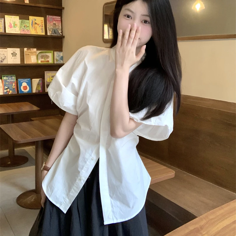 Reine Baumwolle Koreanische Frauen Hemd Sommer Weiß Preppy Puff Sleeve Lose Stricken Bluse Student Casual Süße Stehkragen Chic Neue Tops