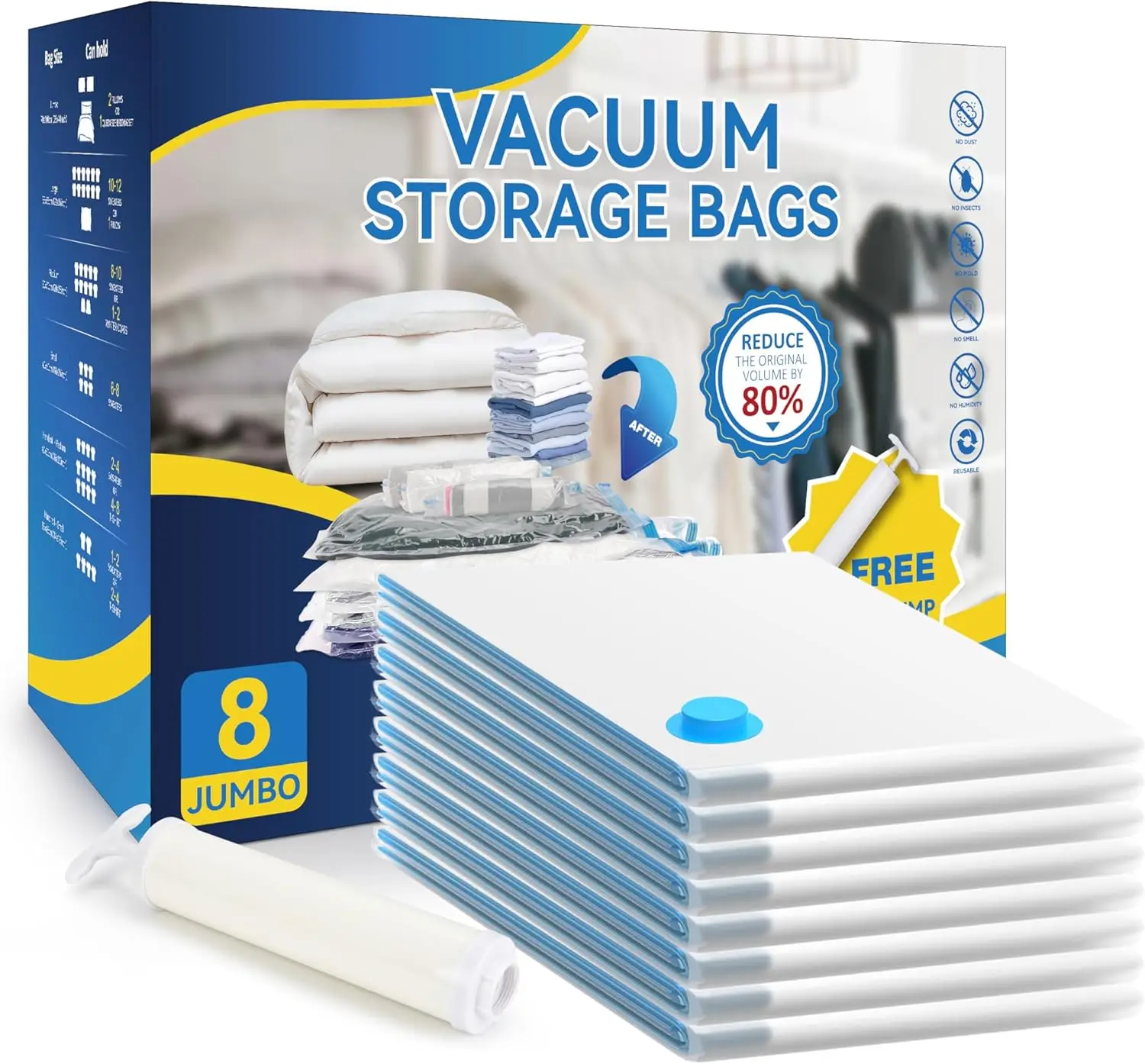 

8 Jumbo Vacuum Storage Bags with Hand Pump for Bedding, Clothes & More - Save 80% Space