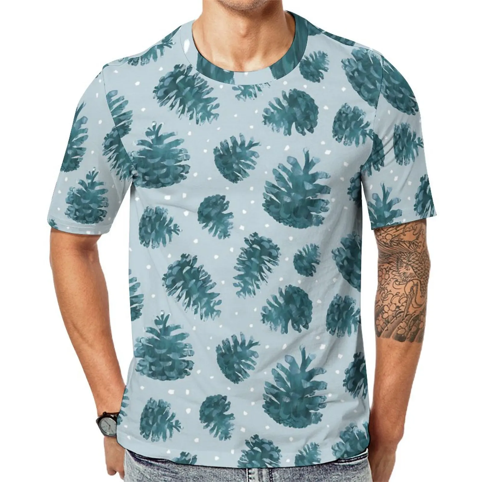 Oversized T Shirt Original Blue Pine Cones T Shirts Snow Print Casual Round Neck Tshirt Men Retro Custom Clothes