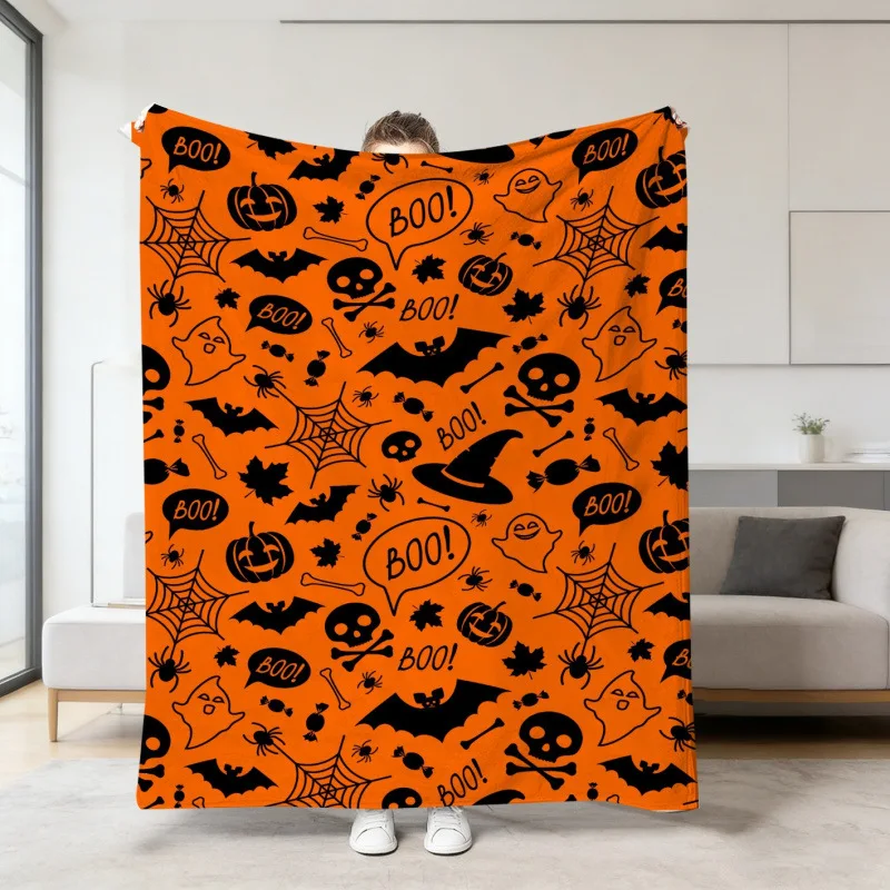 Halloween Orange Blanket Cover Cartoon Ghost Skull Print Flannel Nap Blanket Sofa Covers Multifunctional Decorative Blankets