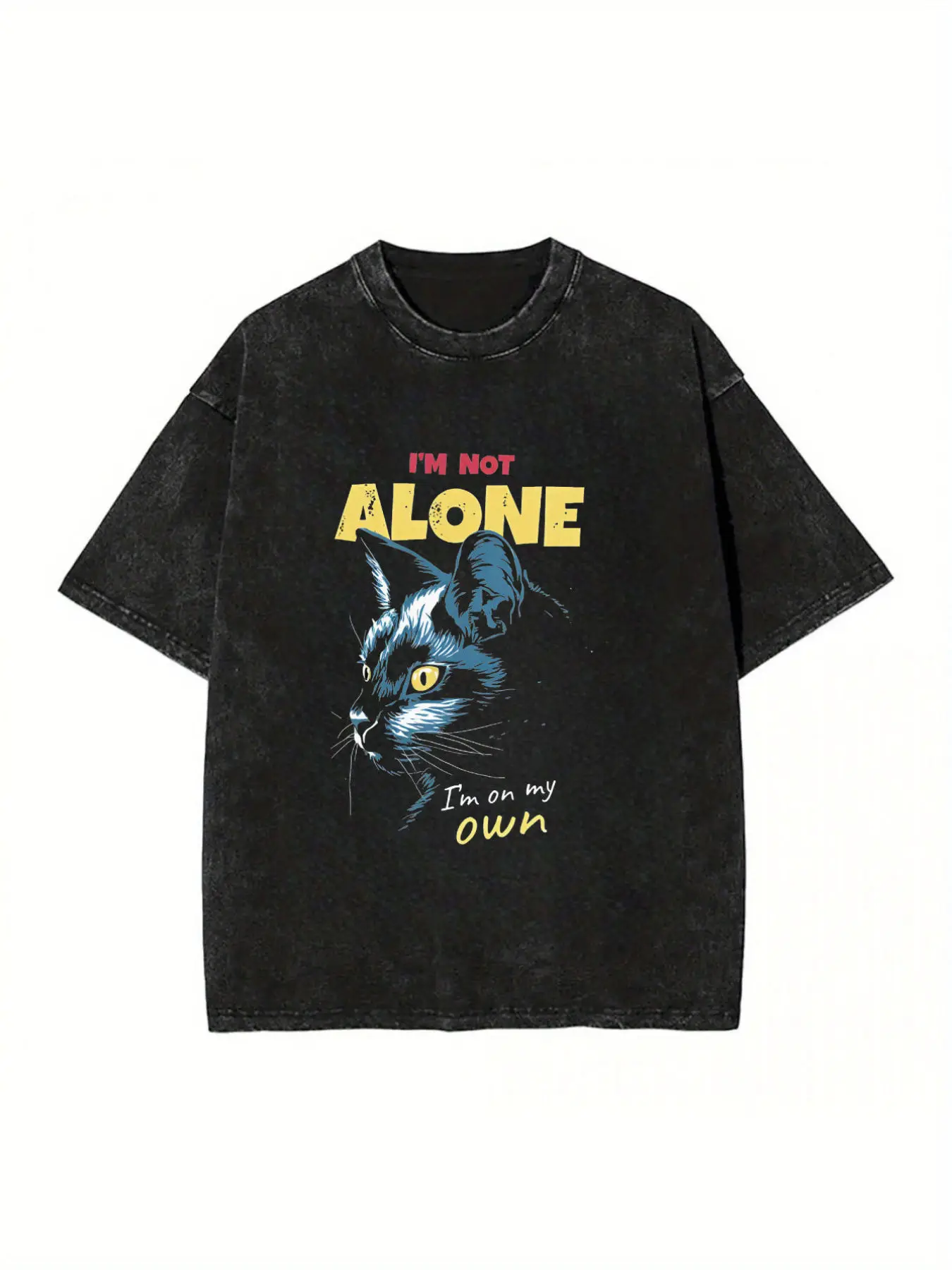 Men's Vintage Washed Black T-Shirt - Retro Style with I'M Not Alone Print, with Text - Soft and Breathable Street Style T-Shirt, Suitable for Halloween and Casual Wear - Gothic Style Single-Party Outfit (Machine Washable)