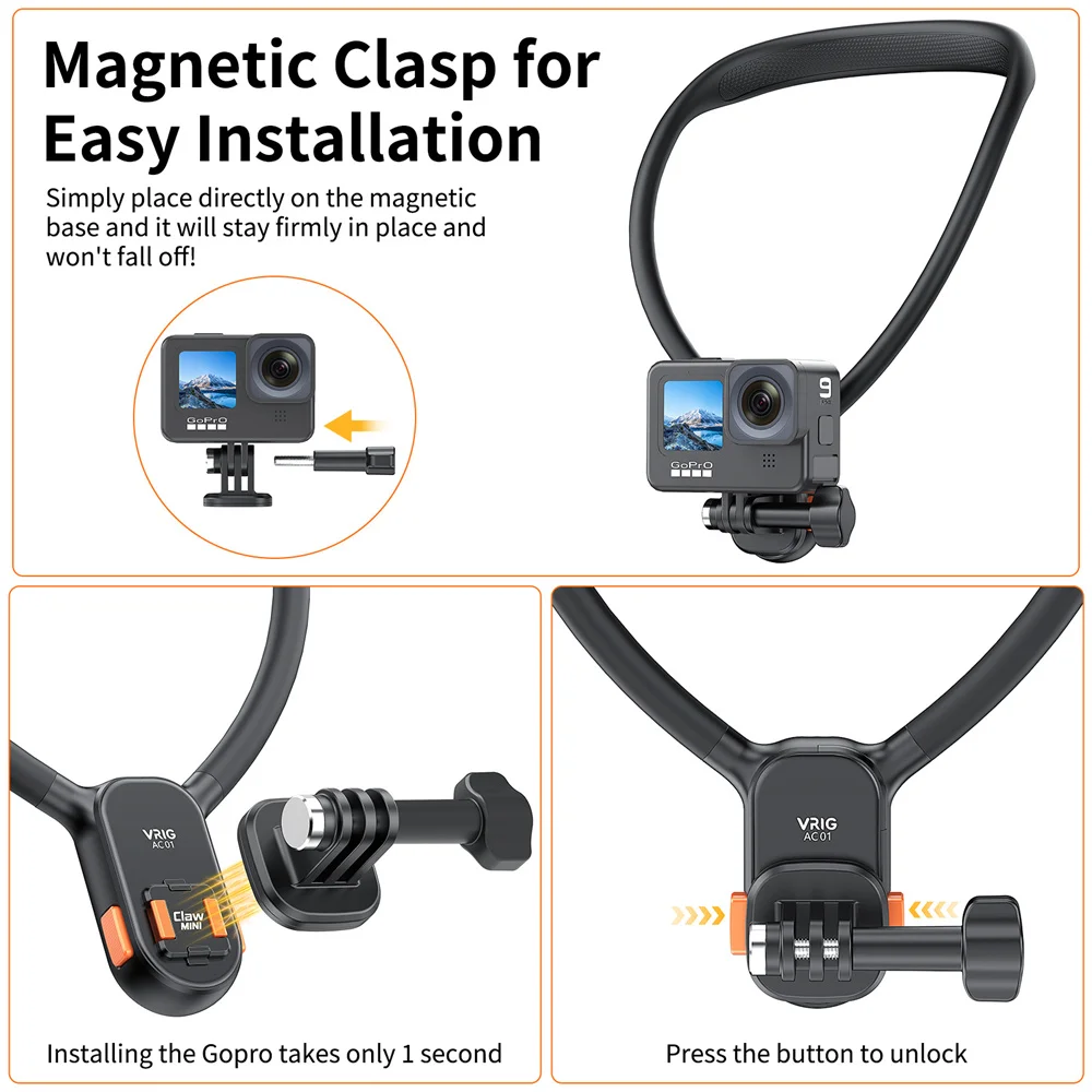 VRIG Claw MIni Magnetic Neck Mount Quick Release Hold POV Stand for Gopro 12 11 10 9 8 7 / Insta360 Action Camera Accessories