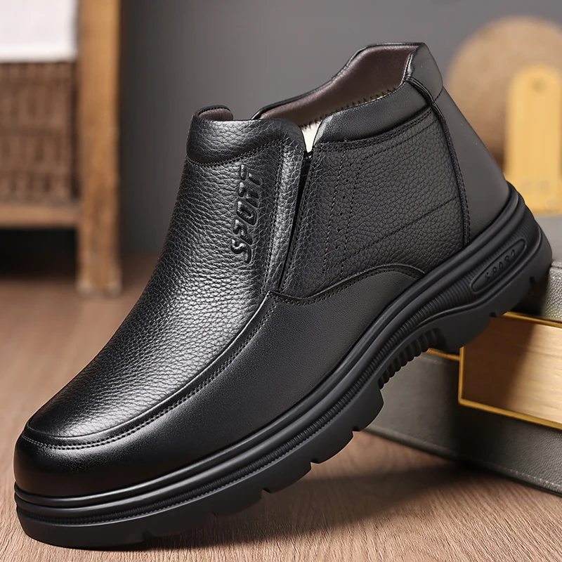 

Зимние меховые лоферы, мужская повседневная обувь, мужские мокасины из натуральной кожи на платформе, плюшевая мужская хлопковая обувь с высоким берцем, теплые слипоны на плоской подошве