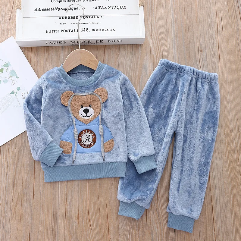 2023 Autumn Winter Boy Girl Clothes Pajamas Set Thick flannel Toddler Child Warm Cartoon Bear Sleepwear Kids Home Suit 0-5Y