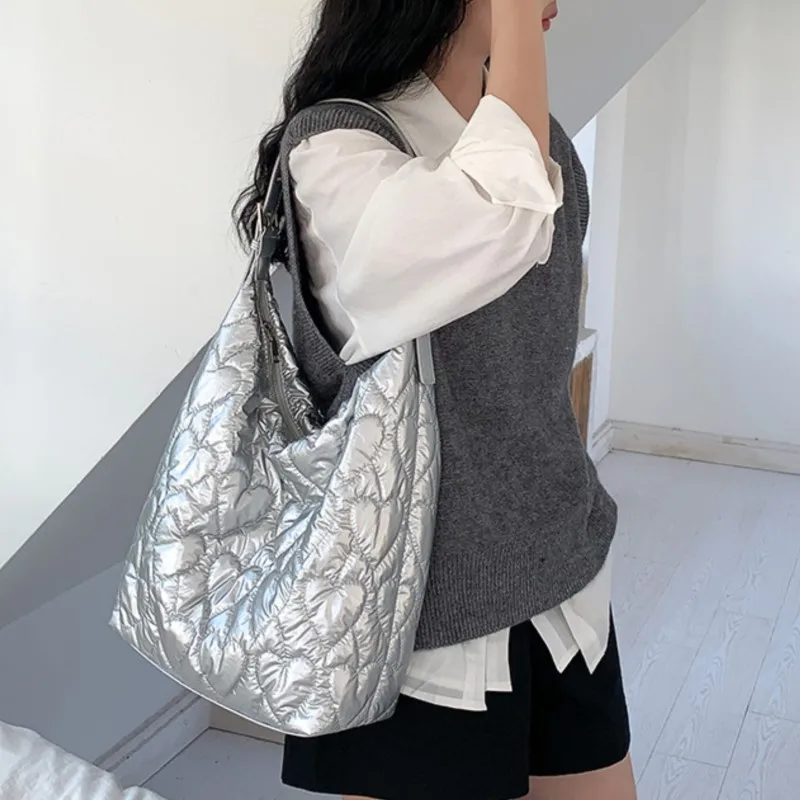 Embroidery Love Heart Tote For Women 2024 Fashion Korean Luxury Silver Shoulder Bag Large Capacity Soft Cloud Bag Shoulder Bags