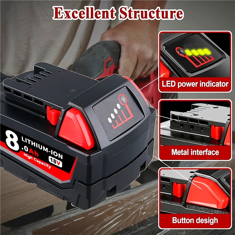 

18V For Milwaukee M18 New 8000mAh 18650 Lithium Replacement Battery For Milwaukee 48-11-1860 48-11-1850 48-11-1840 Tool Battery
