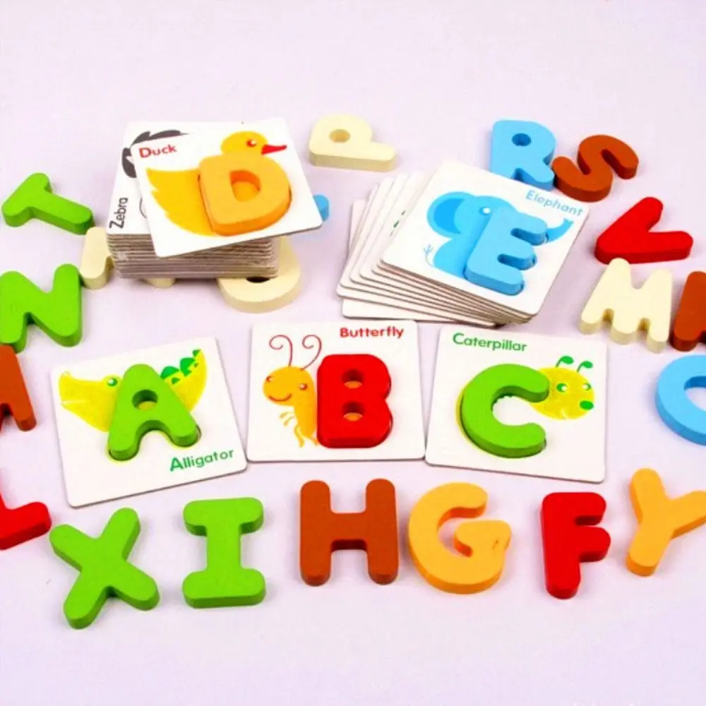 26 English Letters Colorful Wooden Letter Flashcard Pattern Spelling Practice English Alphabet Puzzle Game Early Educational