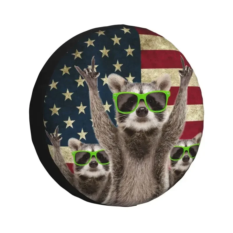 Funny Raccoon Green Sunglasses Tire Cover American Flag Spare Wheel Protector for Prado Pajero Jeep 14