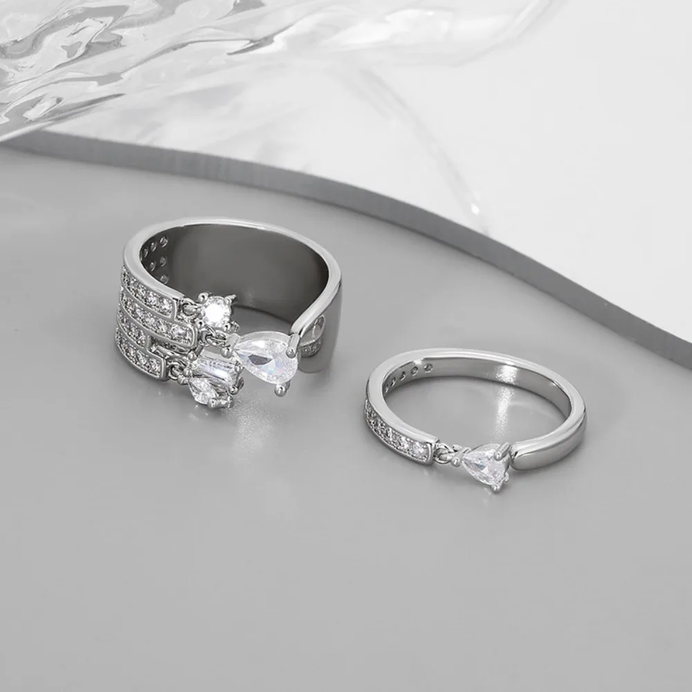 Luxury Personality Silver Color Shiny Full of Zircon Adjustable Open Ring for Women Stainless Steel Finger Charm Jewelry Gifts