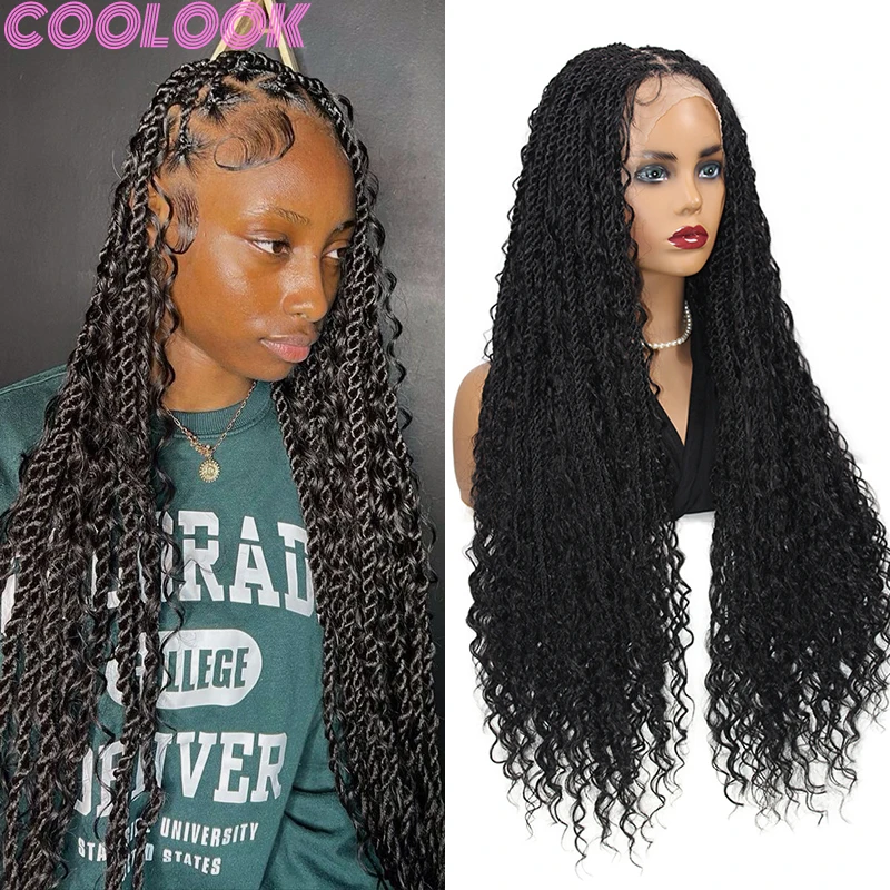 32'' Bohemian Full Lace Synthetic Braided Wig Knotless Goddess Faux Locs Braid Lace Front Wig Senegal Twist Braids Wig for Women