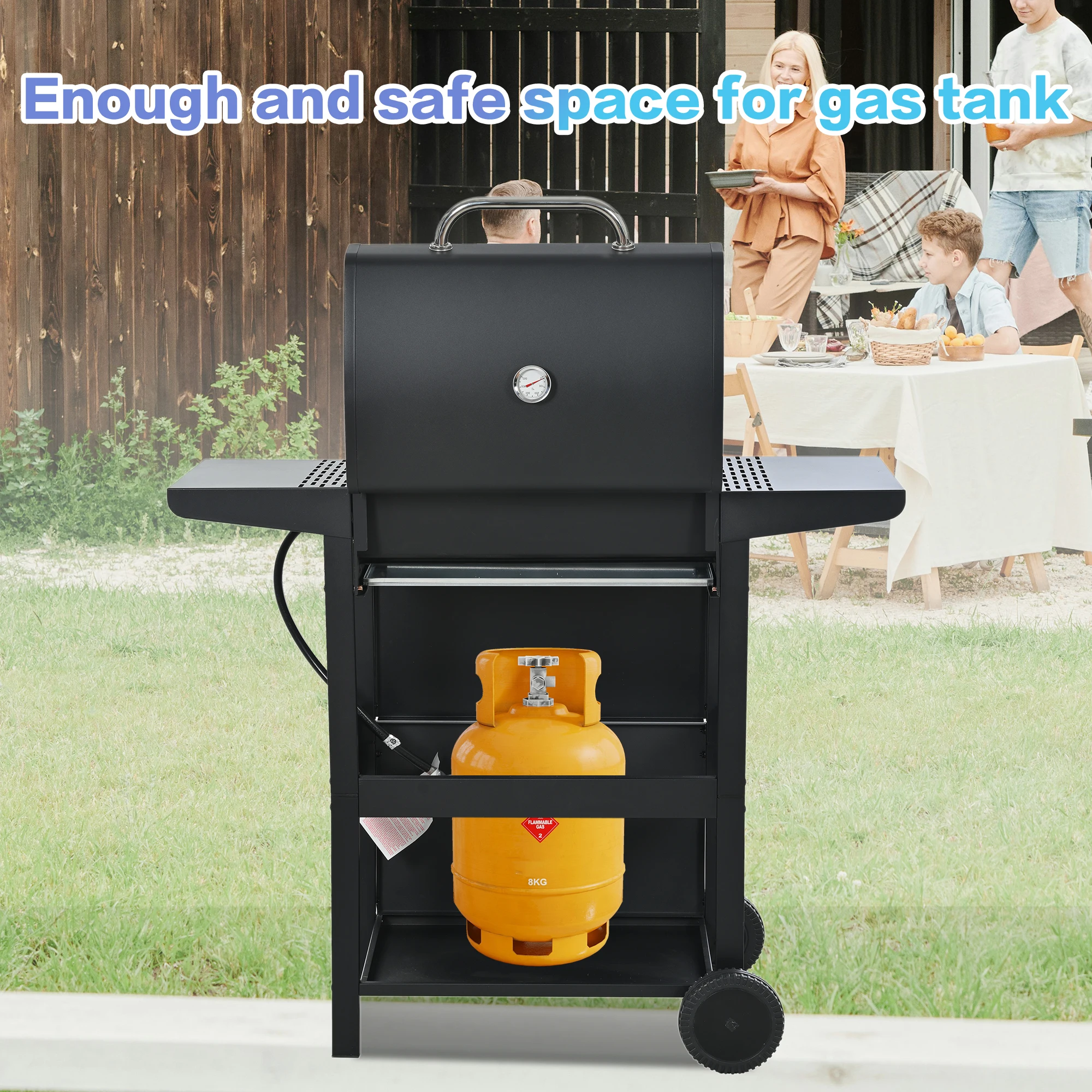 3-Burner Gas Grill, 26,000 BTU Propane BBQ Grill with Side Shelves, Lid Thermometer & Wheels – Outdoor Patio Cooker