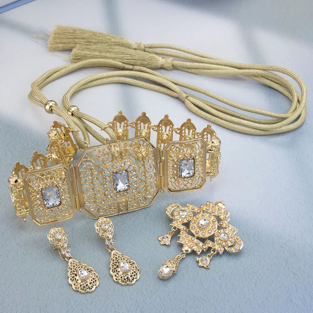 Sunspicems Chic Gold Color Morocco Rope Belt Earring Brooch Bridal Jewelry Sets For Women Algeria Arabic Caftan Waist Chain