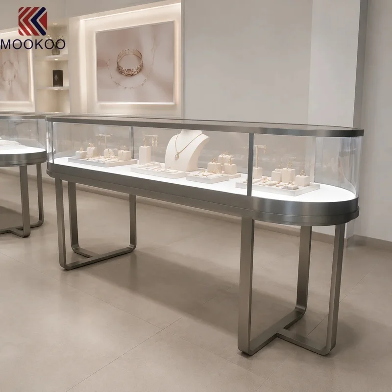 custom.Stainless Steel Frame LED Jewelry Display, Oval Glass Showcase Jewellery Shop