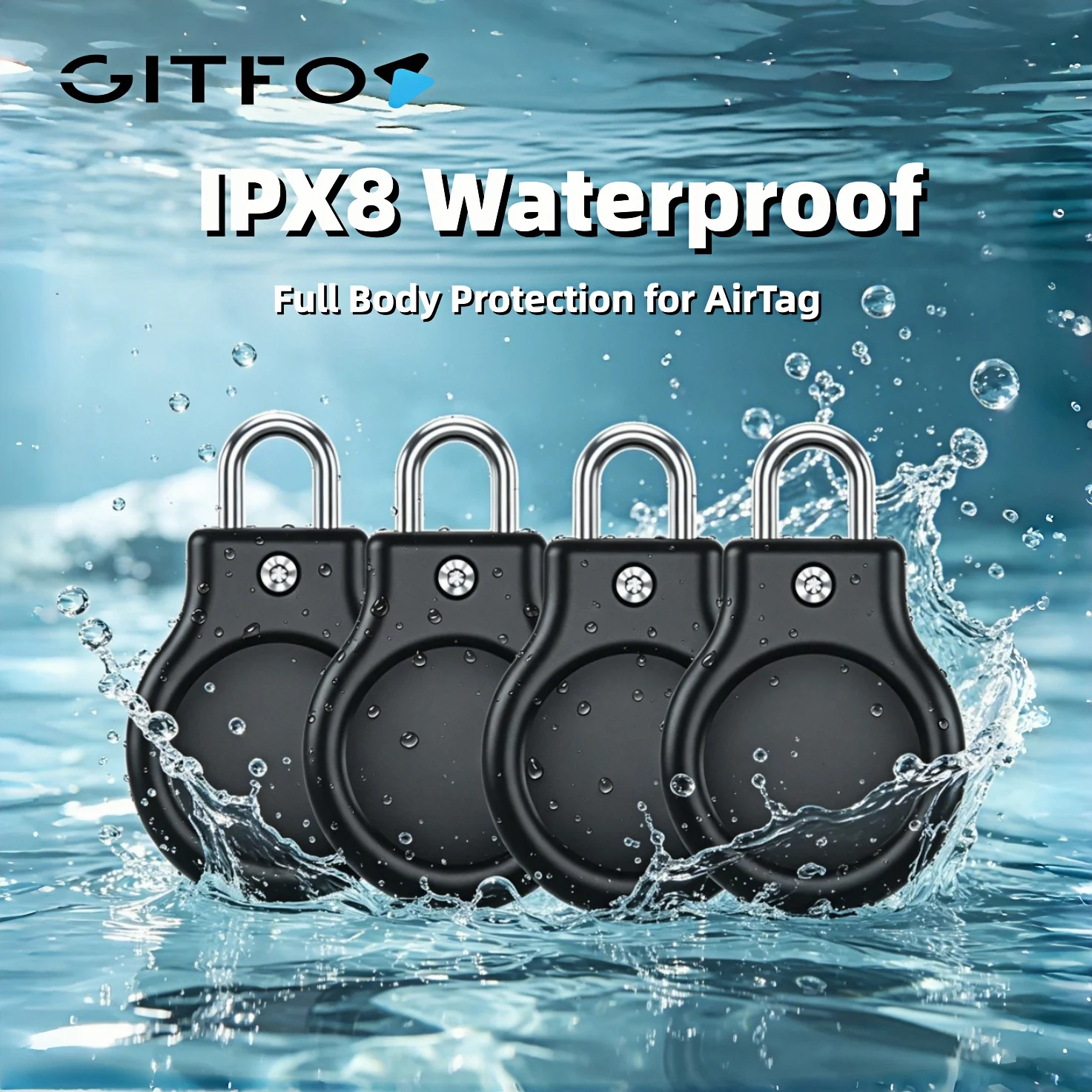 GITFOS IPX8 Waterproof AirTag Case 4 Pack PC Hard Shell Full Body Protective Cover with Keychain Anti-Lost for Apple AirTag