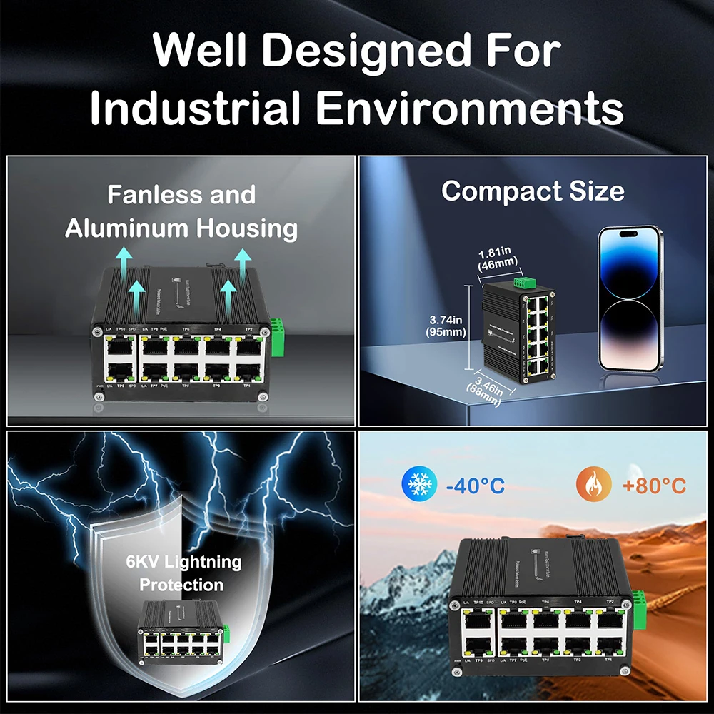MIni 10 Port Gigabit Industrial Ethernet PoE Switch 8-Port 10/100/1000T 802.3at PoE Up to 240W PoE Budget DIN-Rail installation