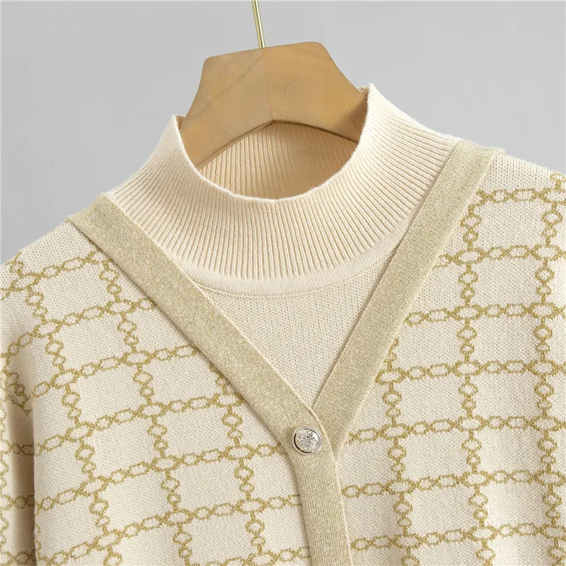 Plaid Sweaters 2 Piece Sets Women Causal Half Turtleneck Knit Pullover Korean Slim High Waist Knitwear Skirts Fashion Clothes