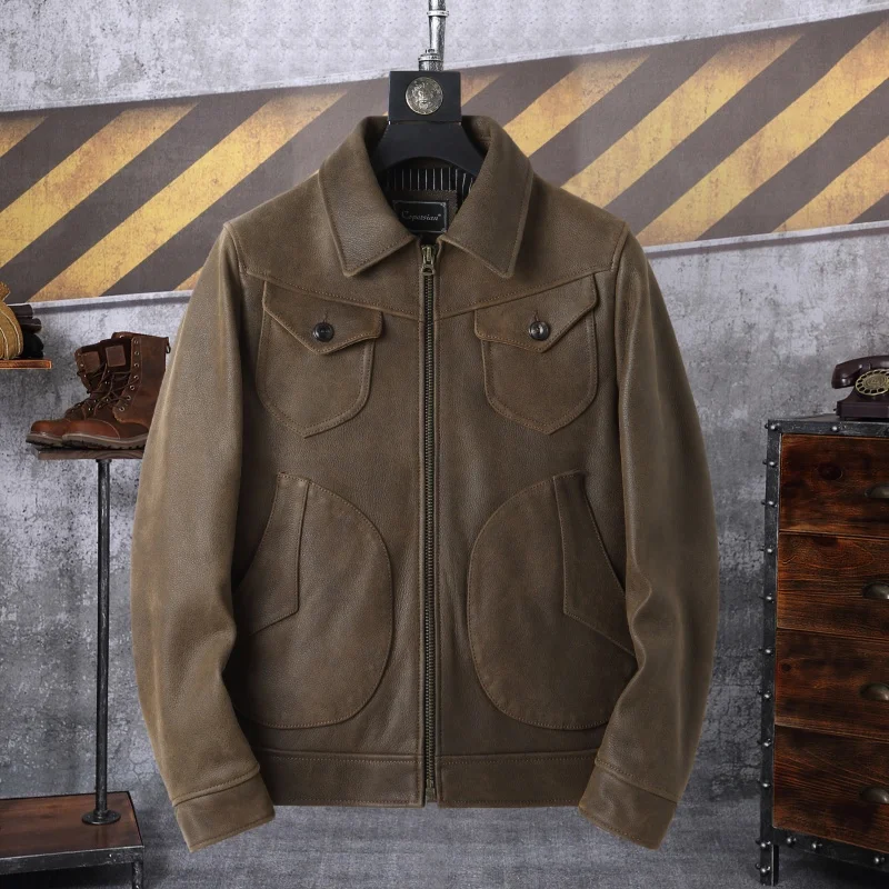 

Classic Original Ecological Uncoated Men's Motorcycle Jaet Winter Outerwear Top Layer Cowhide Leather Faion Urban Sle