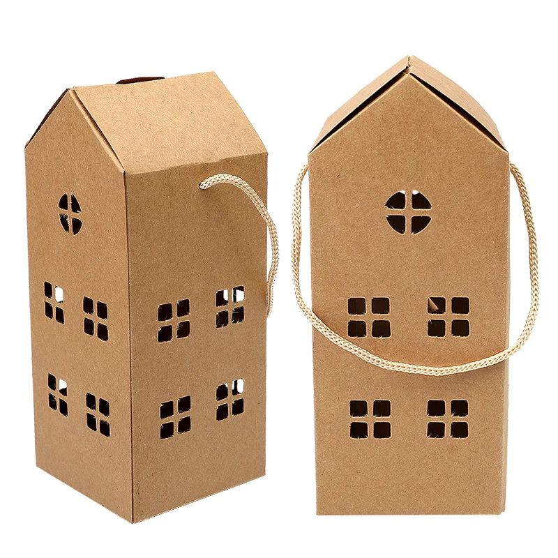 

5pcs Christmas House Shape Candy Boxes Kraft Paper Gift Boxes Wedding Favor Boxes Biscuit Gift Packaging Boxes For New Year Noel