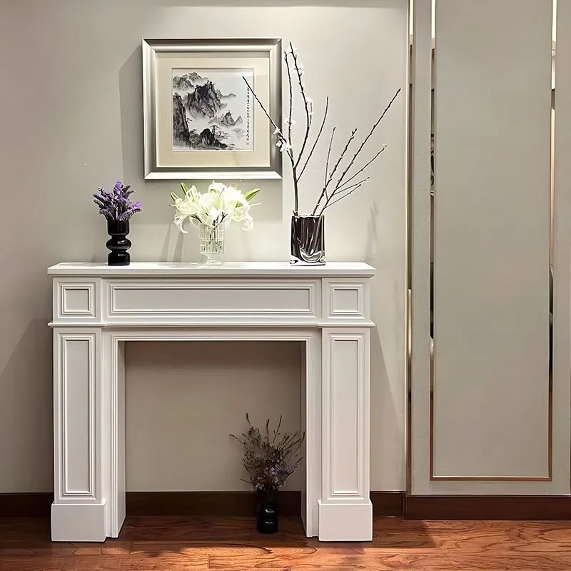 American vintage fireplace stand distressed natural wood color decorative cabinet, living room entryway French white cabinet