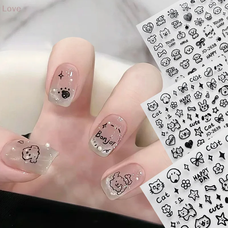 Autocollant pour ongles de chats noirs de dessin animé, peinture Graffiti, chaton mignon, décalcomanies Design de couleur noir et blanc, décor pour Nail Art pour femmes