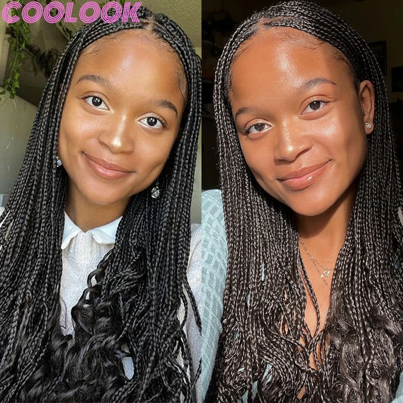 Synthetic Knotless Full Lace Box Braids Wig 18inch Lace Frontal Braid Wig with Curly Ends Distressed Cornrow Crochet Braided Wig