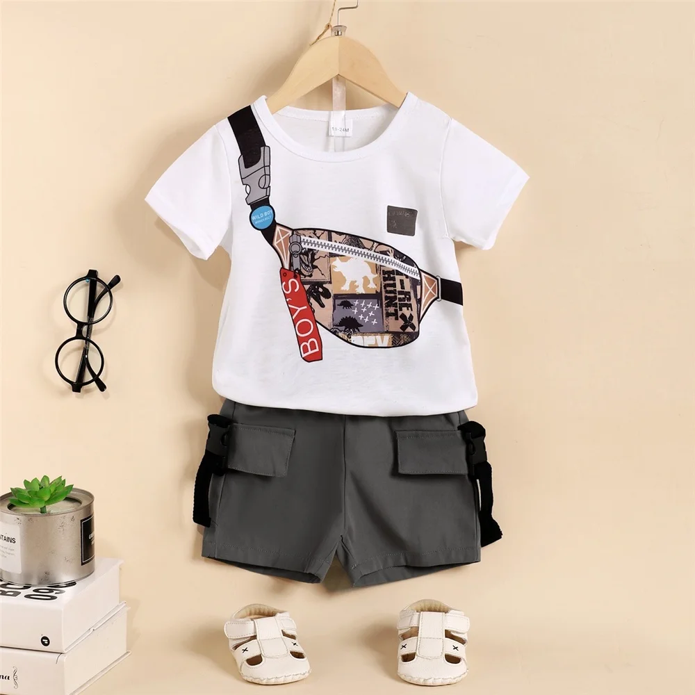 2PCS Kids Boy Clothes Set White Bag Print Short Sleeves T-shirt+Shorts Toddler Boy Casual Costume Outfits for Boy1-6 Years