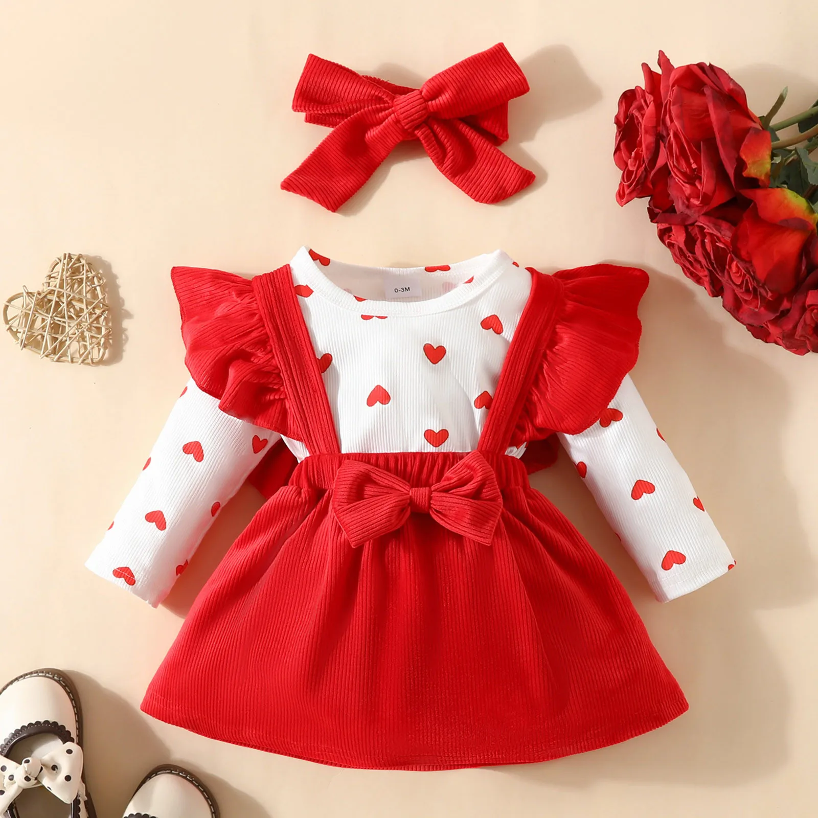 

Babies for Babies Infant Girls Long Sleeve Heart Printed Romper Bodysuit Ruffles Suspender Skirts Outfits 2 Cute