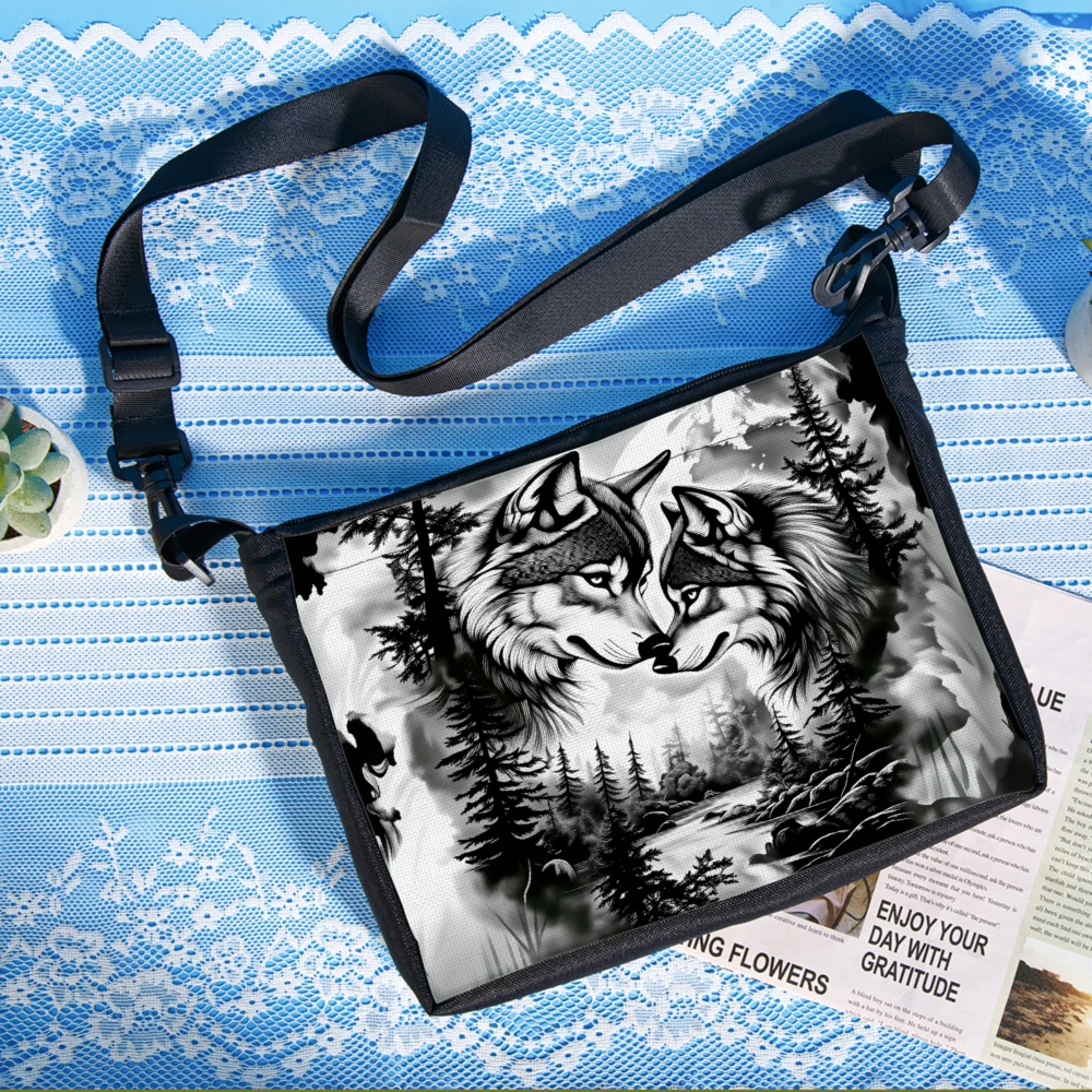 1pc Wolf Couple Forest Print Crossbody Bag Black And White Animal Pattern Shoulder Bags For Women Outdoor Travel Daily Use Fashi