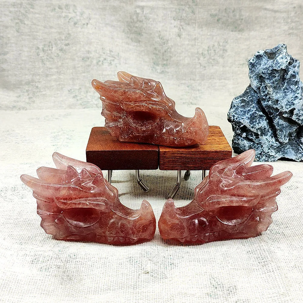 Natural Crystal Dragon Skull Carving, Strawberry Quartz Aventurine Gemstone Skull, Hand Carved Mineral Specimen Decor