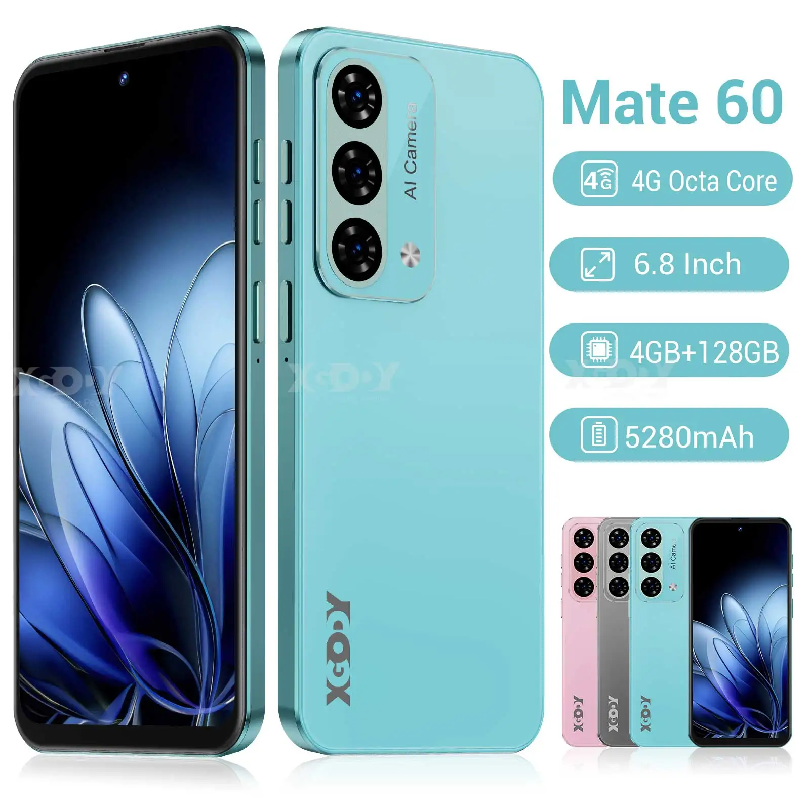 XGODY Mate60, Smartphone Android 12.0, 6.8 inch, 4+128GB ROM, Mobile phones 5280mah Battery, 4G Dual SIM Octa Core, Cell phones