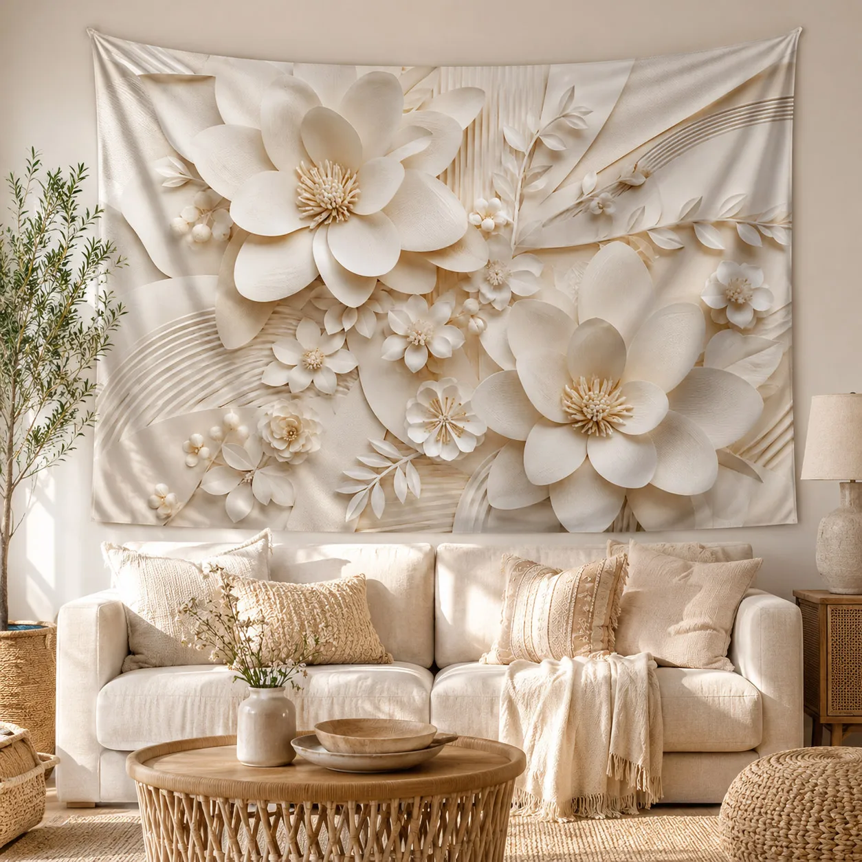 Minimalist White Rose Tapestry 3D Effect Paper Flowers Wall Cloth Aesthetics Room Decor for College Dorm Elegant Home Decoration