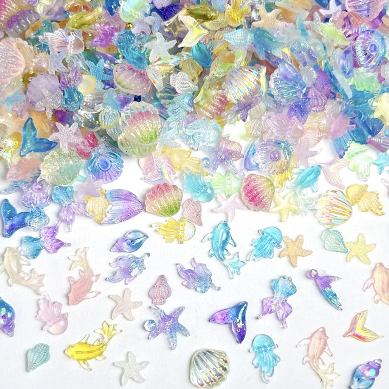 50/100 Uds. Crea cuentas de uñas de concha simuladas 3D, medusas translúcidas de colores, serie de diseño marino, decoración de resina artística para uñas DIY