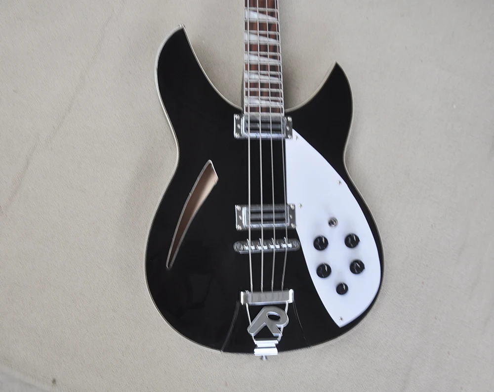 4 Strings Black Semi-hollow Electric Bass with Rosewood Fretboard,White Pickguard,Can be Customized