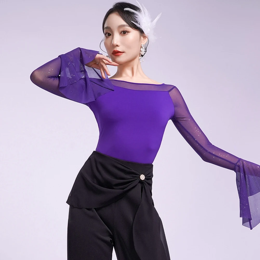 

Ballroom Dance Competition Top Women's Lotus Sleeve Dance Clothes GB Dancer Women's Purple Indigo New Black Crewneck Sexy